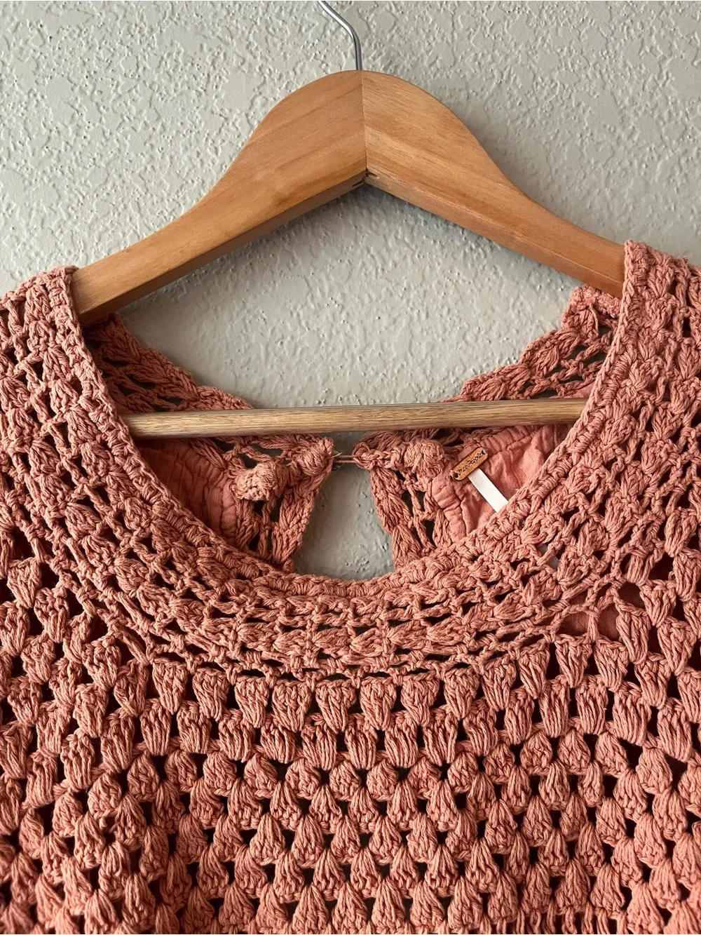 Free People Megan Top in Coral Crochet Peasant Long-Sleeve Top XS